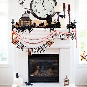 Black Silhouette Wall Art Bold Halloween Mantel with Colorful Birds, Candles NEW